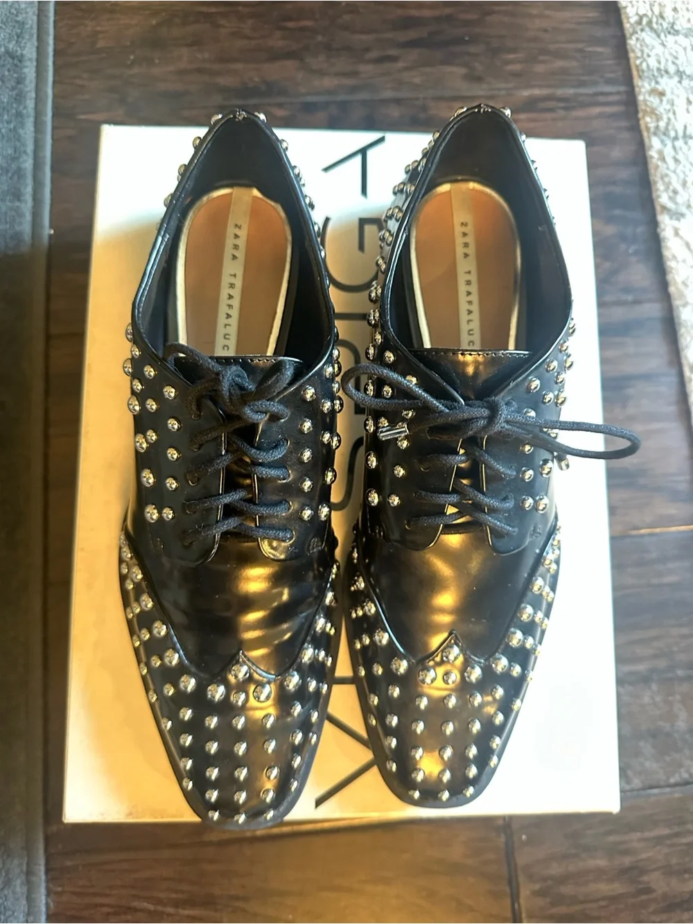 Zara Black Studded Leather Lace-Up Oxfords